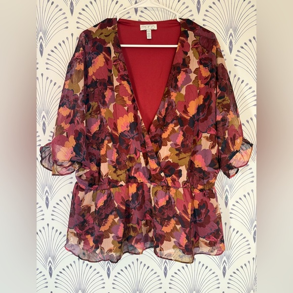 Red and Orange Wrap Ruffled Blouse 3/4 Sleeve - Picture 1 of 7